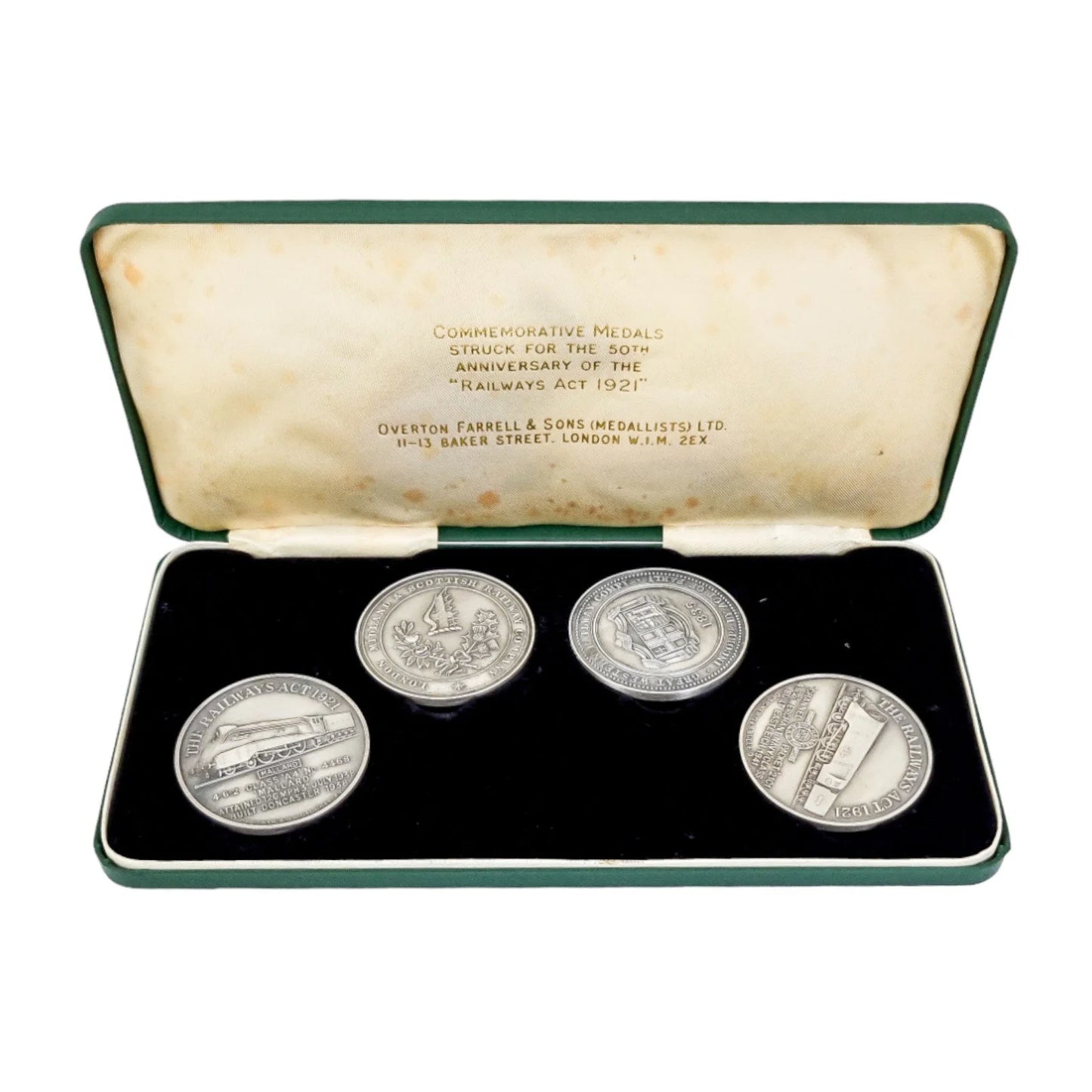 Boxed Railway Act 1921 set of sterling silver 4 commemorative medals for 50th anniversary
