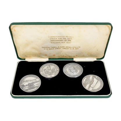 Boxed Railway Act 1921 set of sterling silver 4 commemorative medals for 50th anniversary
