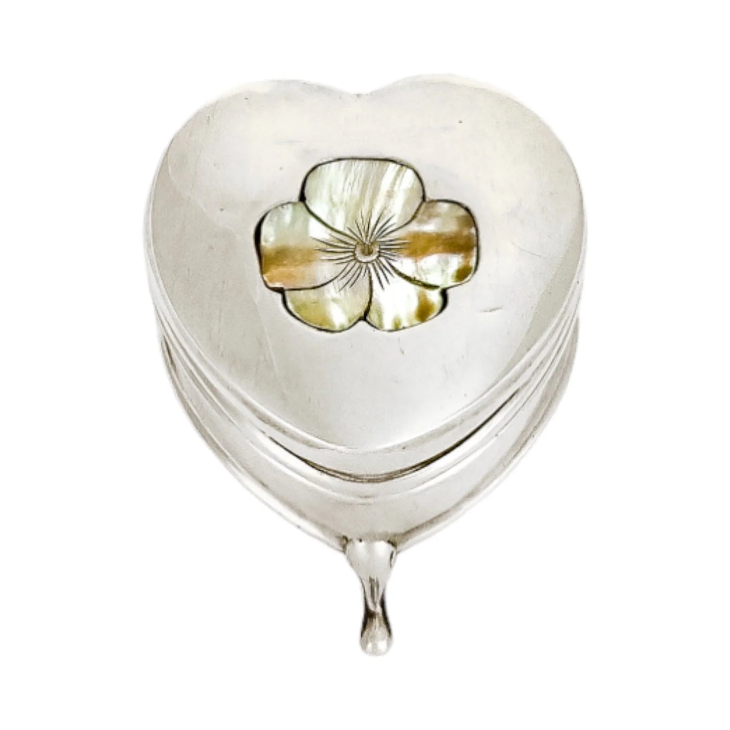 Edwardian sterling silver heart-shaped ring box with mother-of-pearl