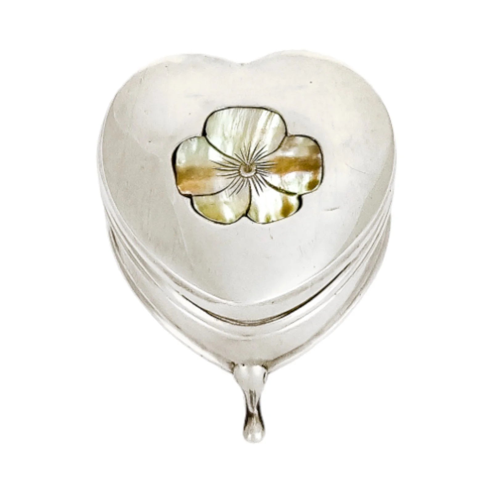 Edwardian sterling silver heart-shaped ring box with mother-of-pearl