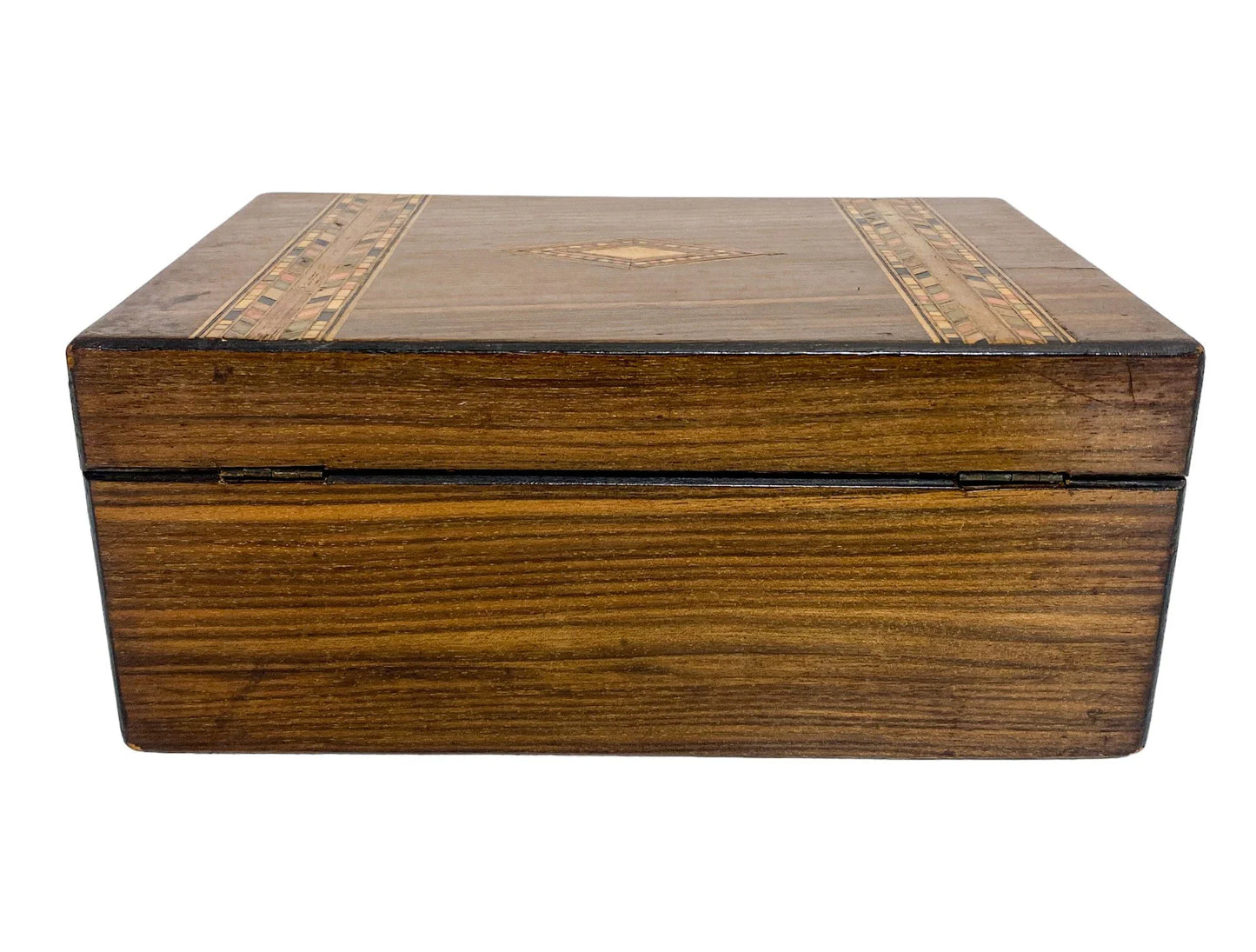 Victorian Tunbridge Ware lady's keepsake box with silk lining and geometric marquetry bands