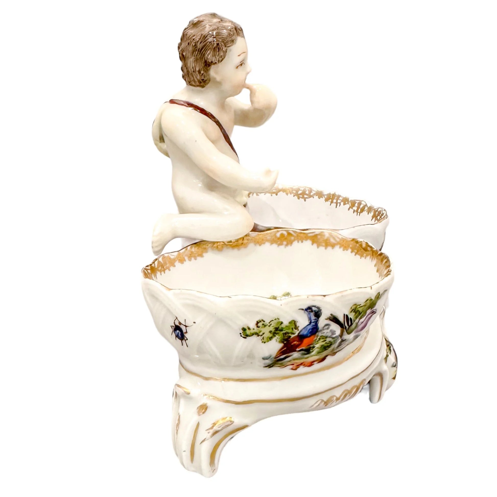 19th century Dresden porcelain open salt cellar with seated putti