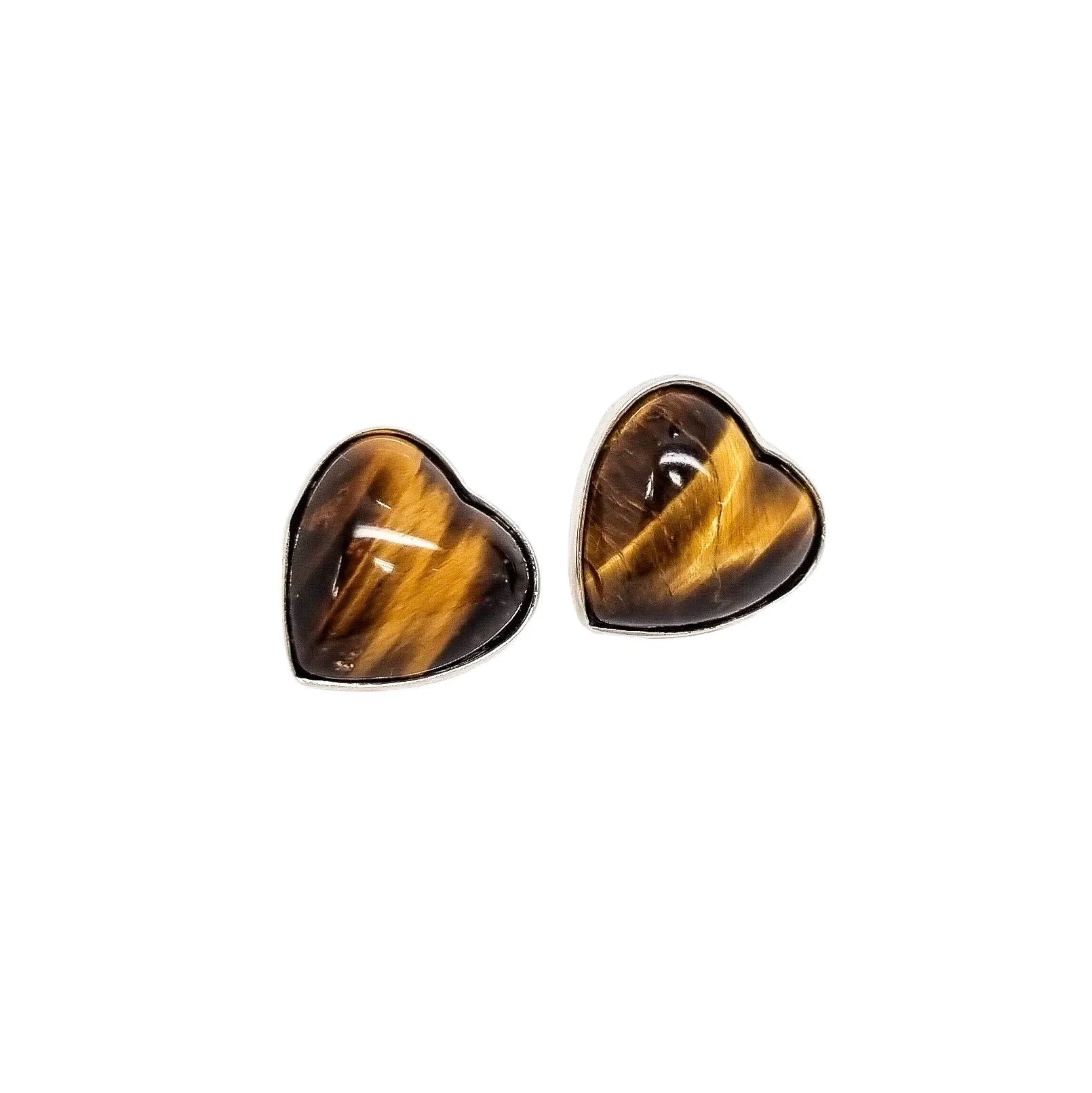Tiger’s eye sterling silver heart-shaped stud earrings