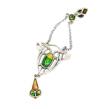 Art Nouveau sterling silver green and yellow enamel lavaliere openwork pendant