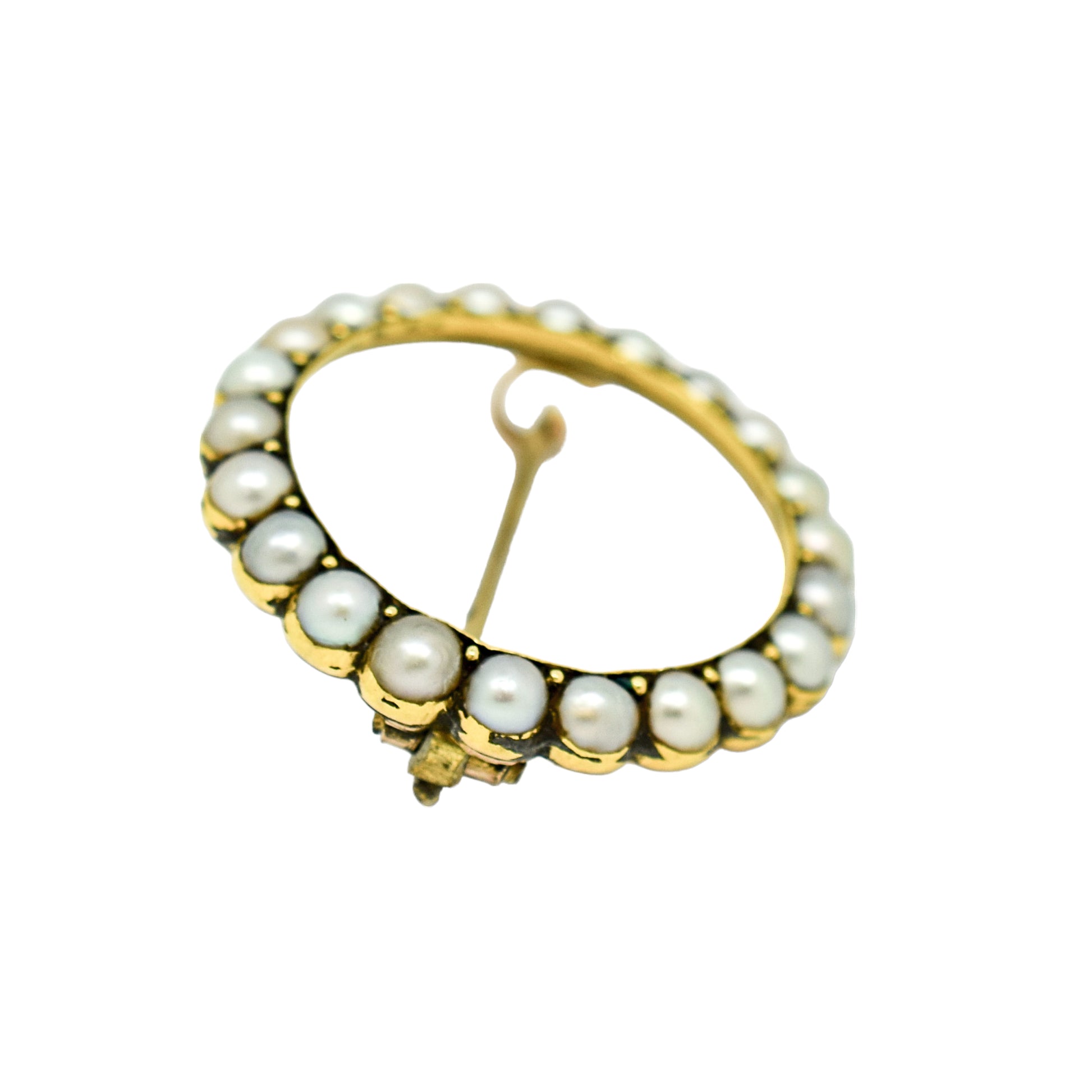 Victorian natural half pearl circle brooch / lace pin, 9ct yellow gold