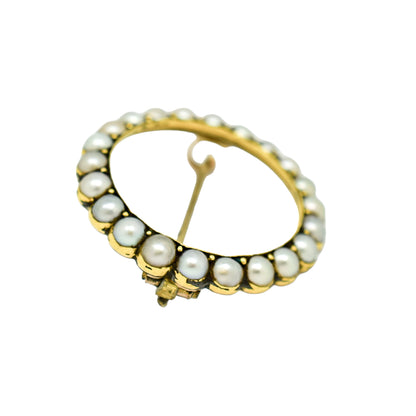 Victorian natural half pearl circle brooch / lace pin, 9ct yellow gold