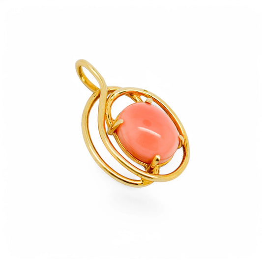 Vintage 14ct gold pendant with oval cabochon coral and openwork frame