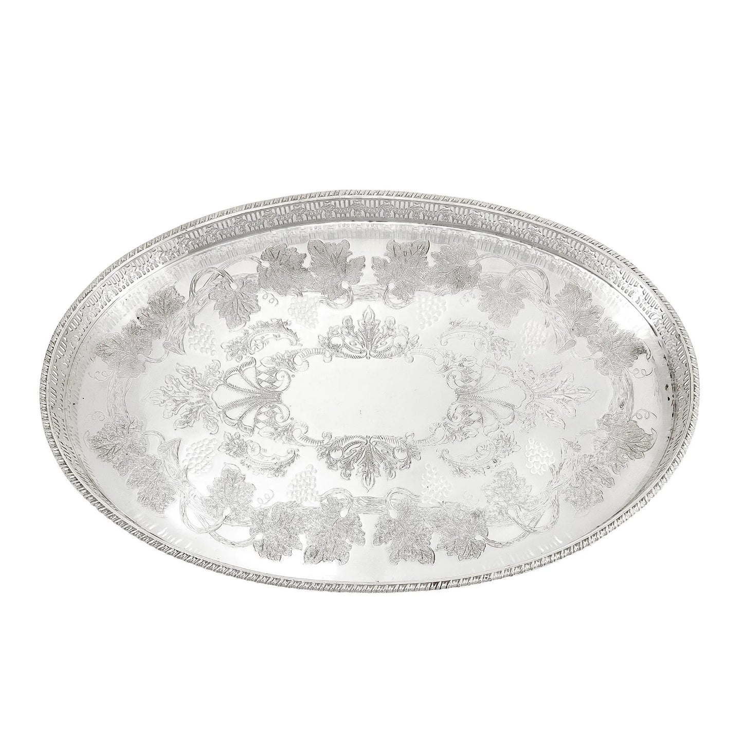 Oval silver plated gallery serving tray engraved with fruiting grapevines