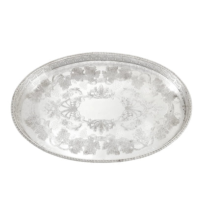 Oval silver plated gallery serving tray engraved with fruiting grapevines