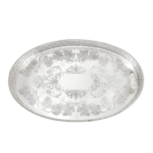 Oval silver plated gallery serving tray engraved with fruiting grapevines