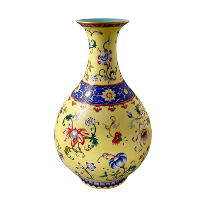 Chinese Guangxu yellow ground Yangcai floral Yuhuchunping porcelain vase in Qianlong style