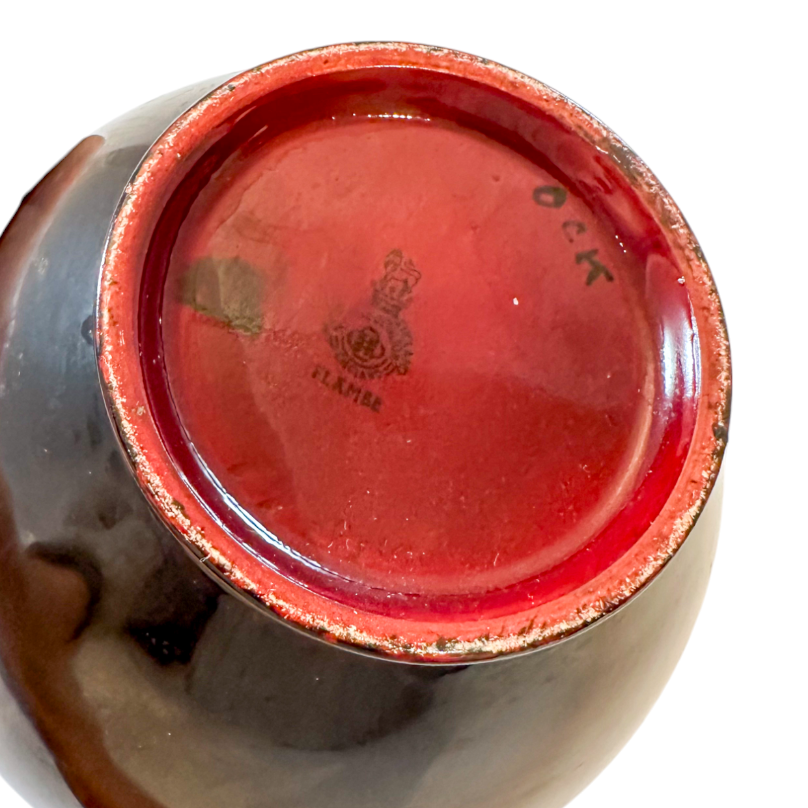 Art Deco pair red flambe porcelain urns, Charles Noke for Royal Doulton