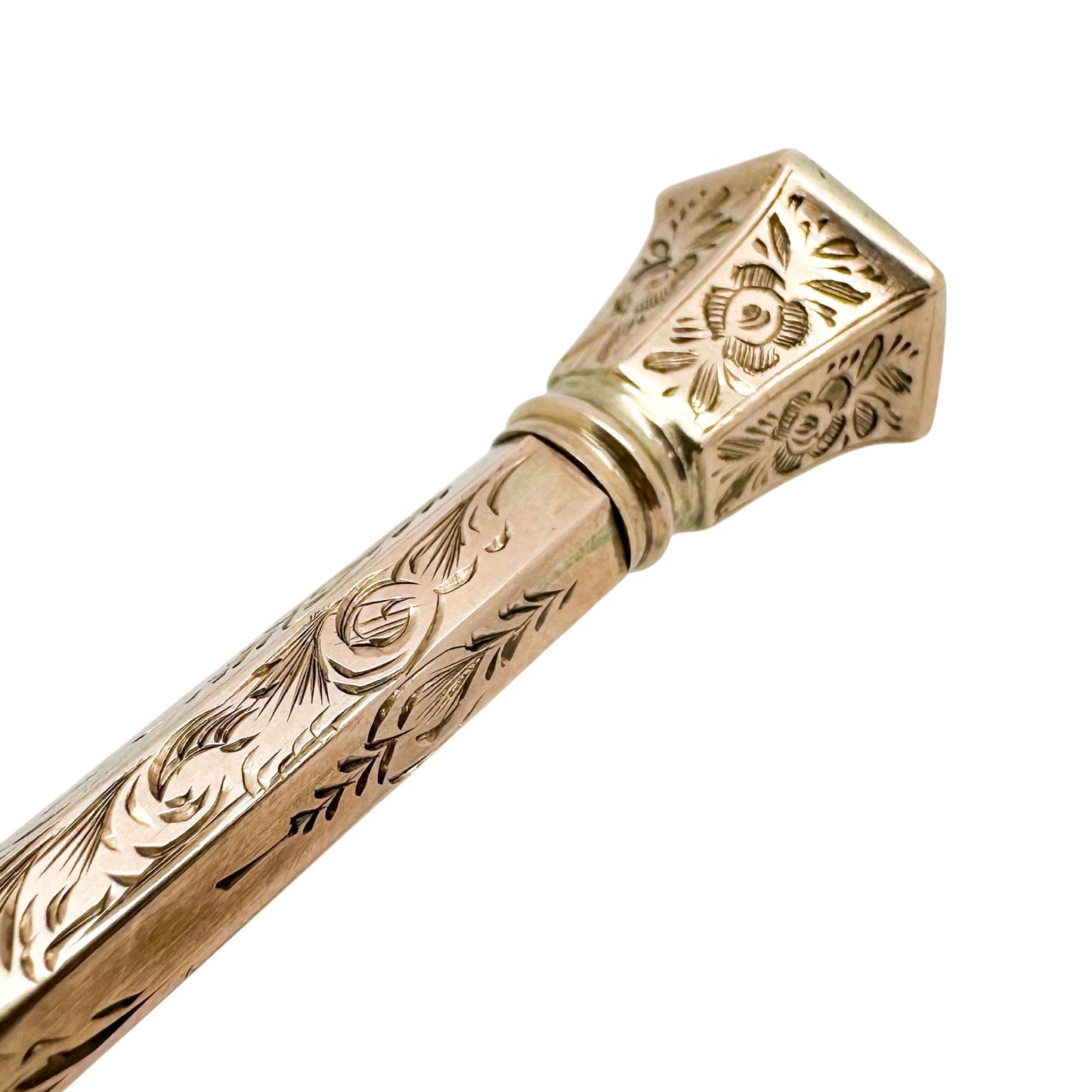 Victorian 9ct rose gold agate seal top hexagonal propelling pencil, engraved with flowers