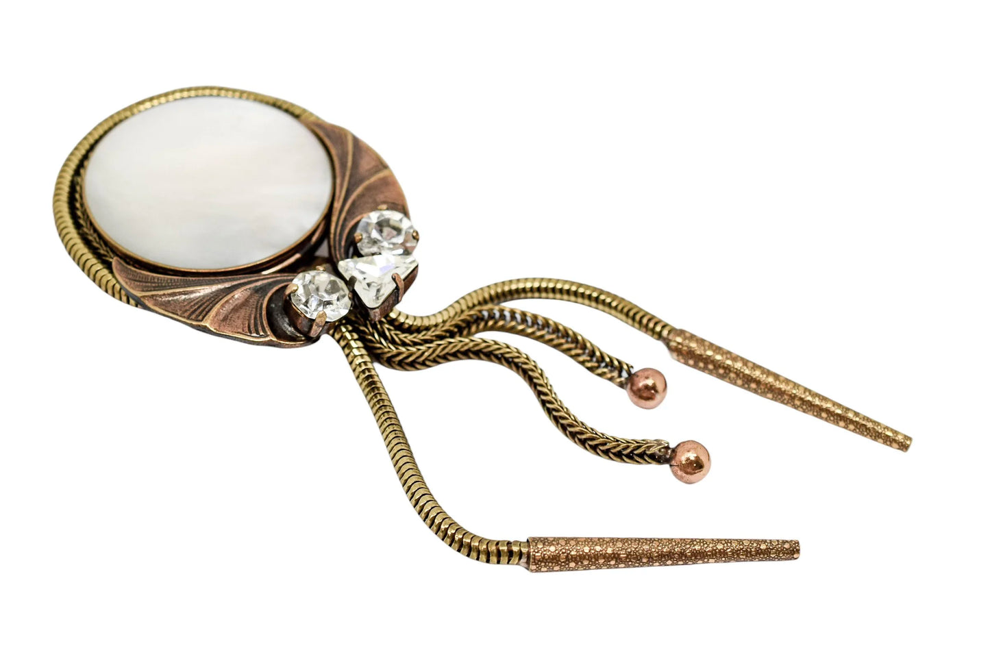 Vintage Ermani Bulatti Art Deco bronzed mother-of-pearl large dangling statement brooch