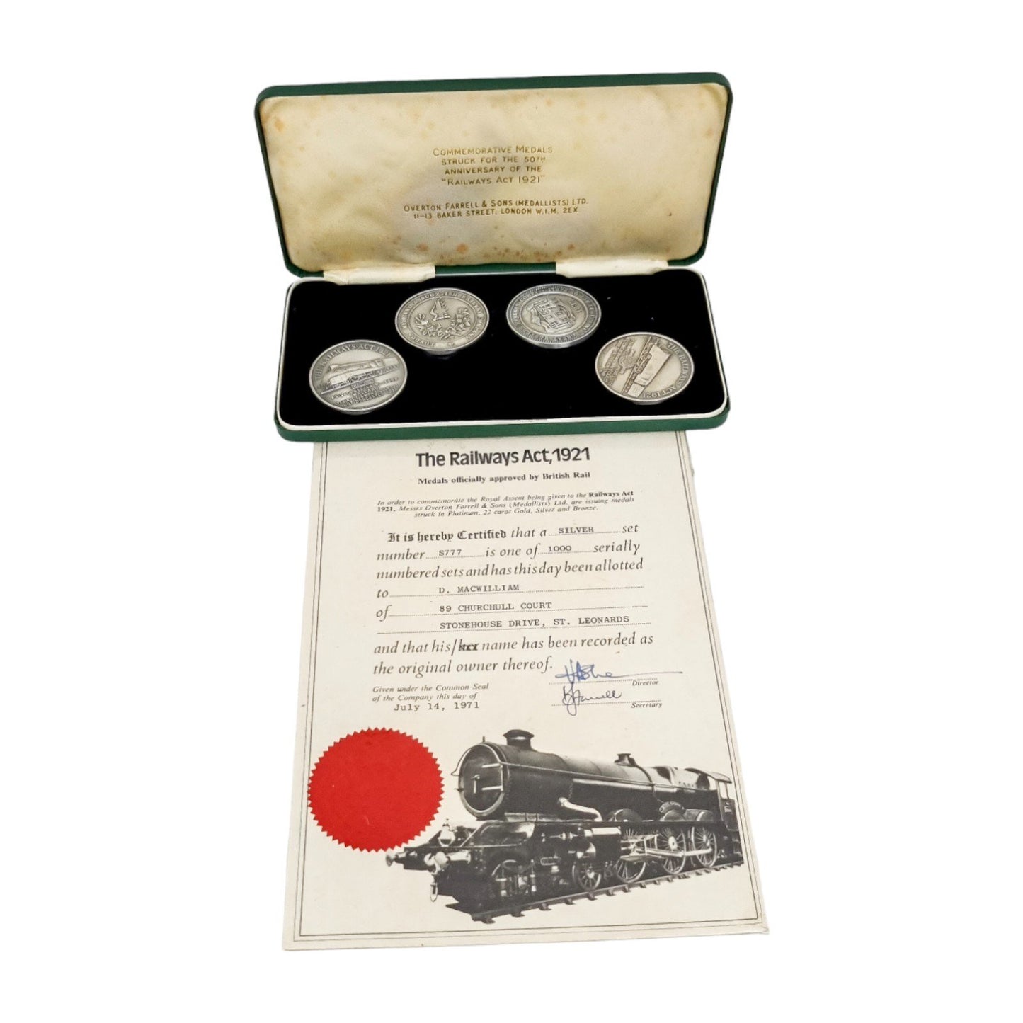 Boxed Railway Act 1921 set of sterling silver 4 commemorative medals for 50th anniversary