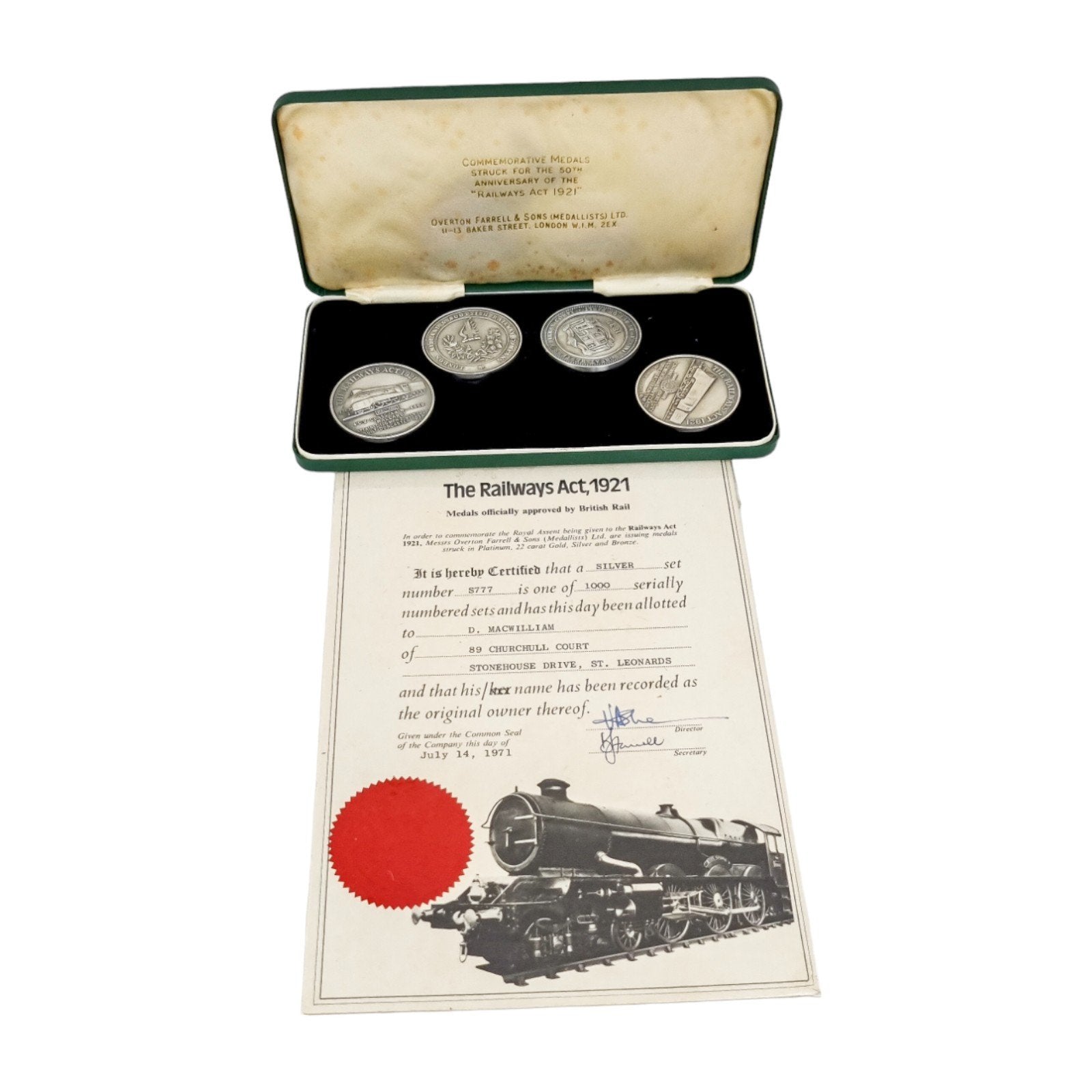 Boxed Railway Act 1921 set of sterling silver 4 commemorative medals for 50th anniversary