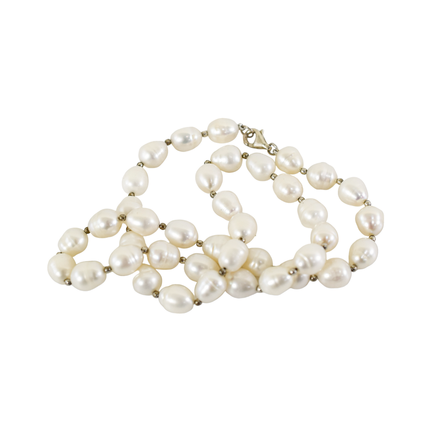 Baroque saltwater white pearl single strand princess necklace with sterling silver beads