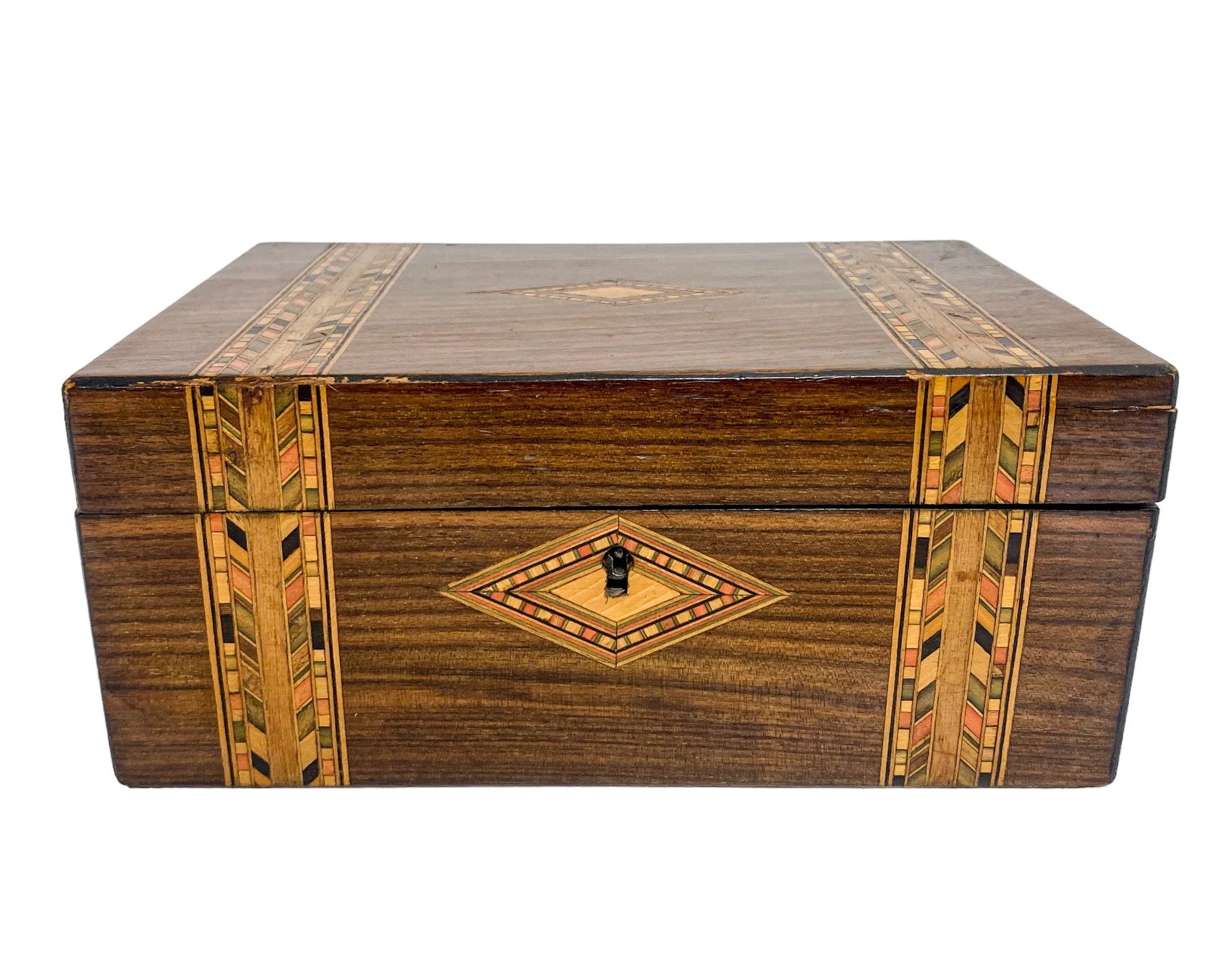 Victorian Tunbridge Ware lady's keepsake box with silk lining and geometric marquetry bands