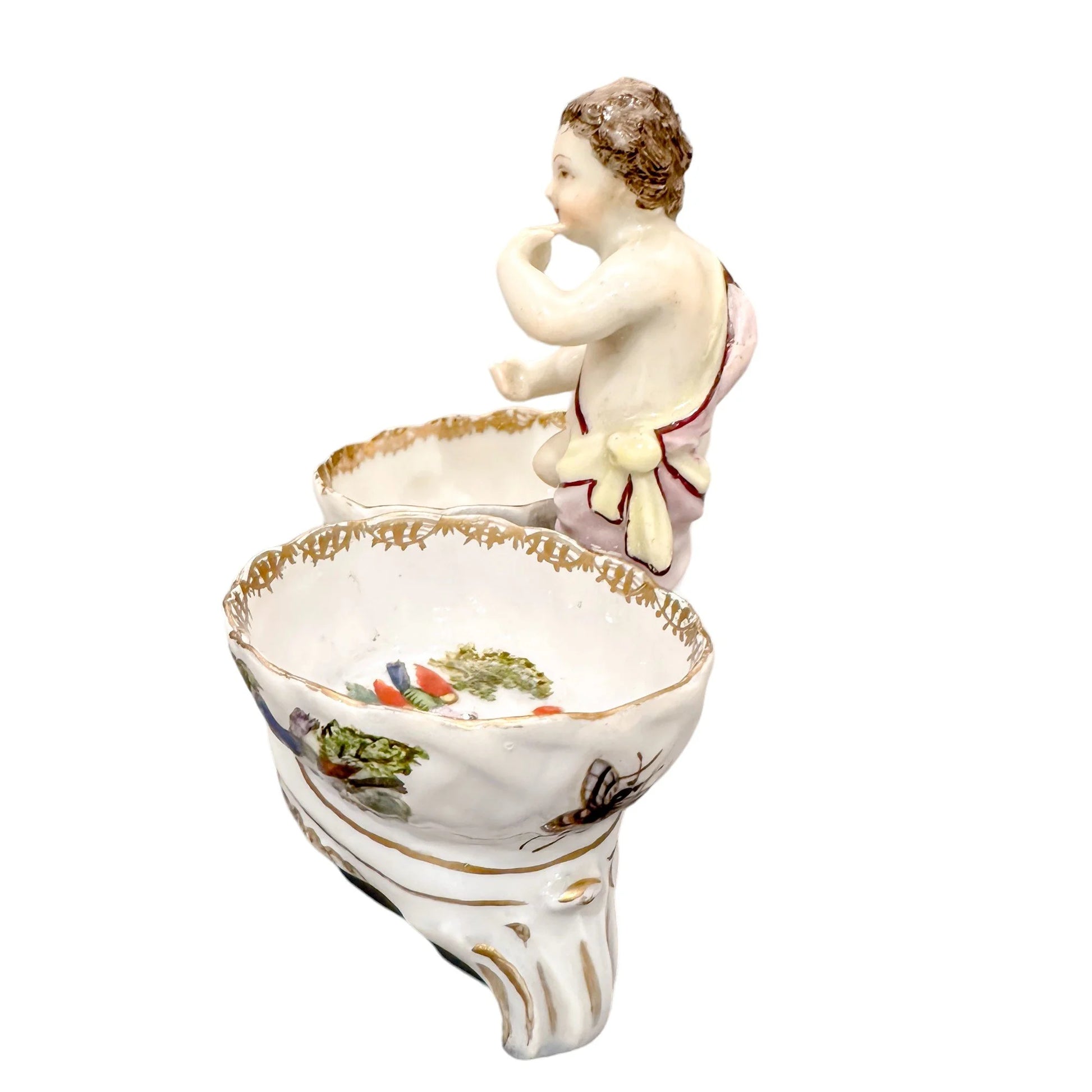 19th century Dresden porcelain open salt cellar with seated putti