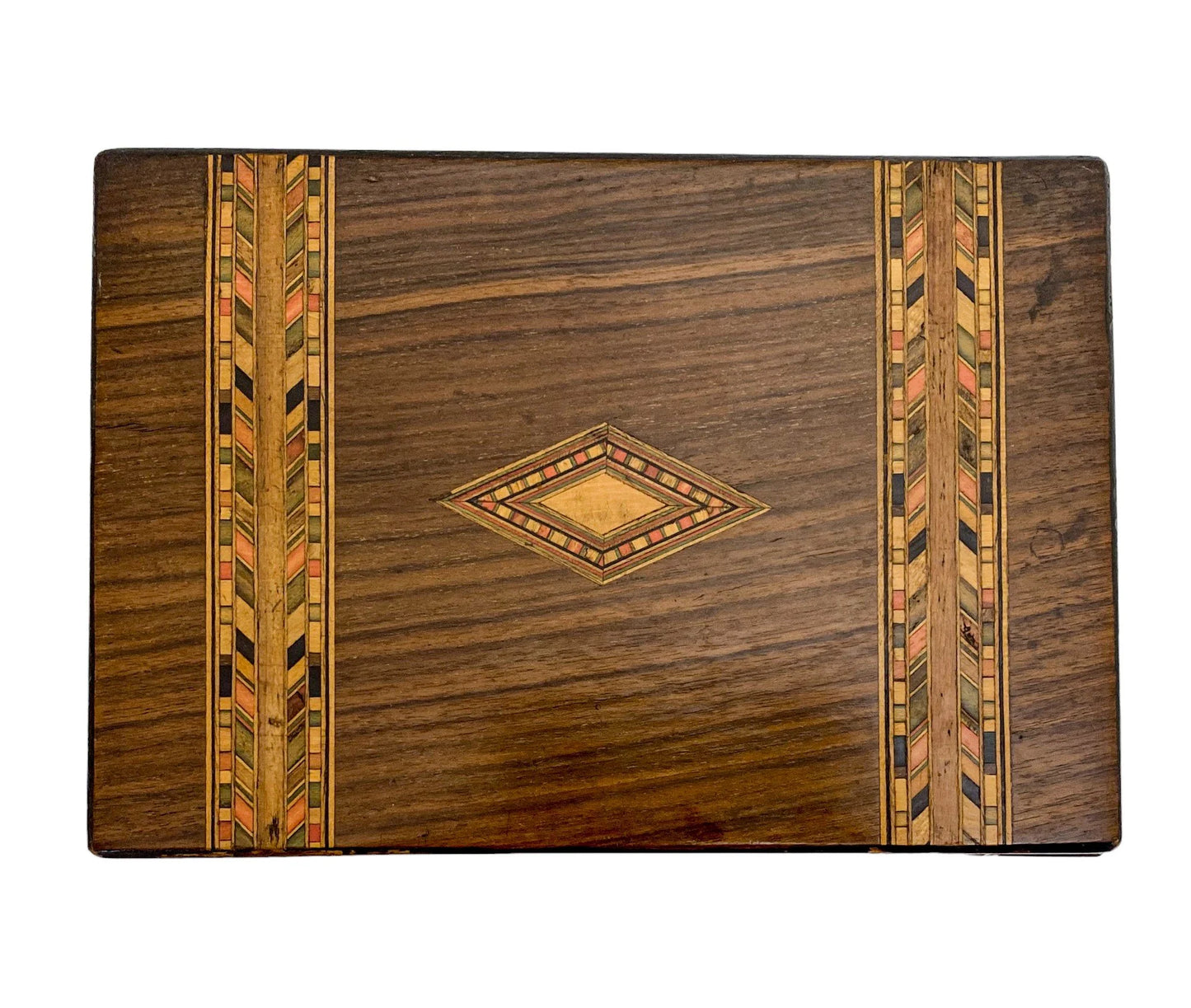 Victorian Tunbridge Ware lady's keepsake box with silk lining and geometric marquetry bands