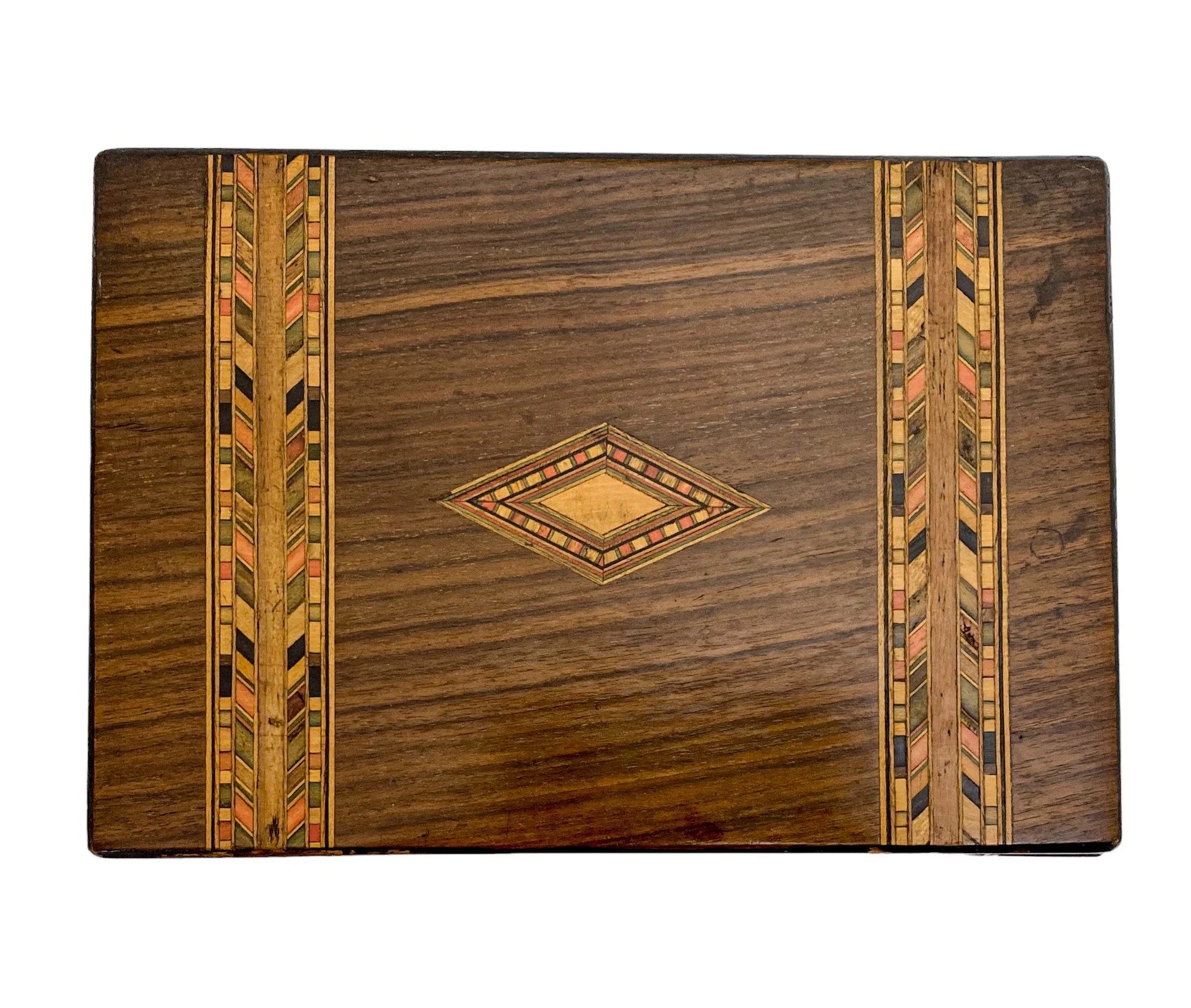 Victorian Tunbridge Ware lady's keepsake box with silk lining and geometric marquetry bands