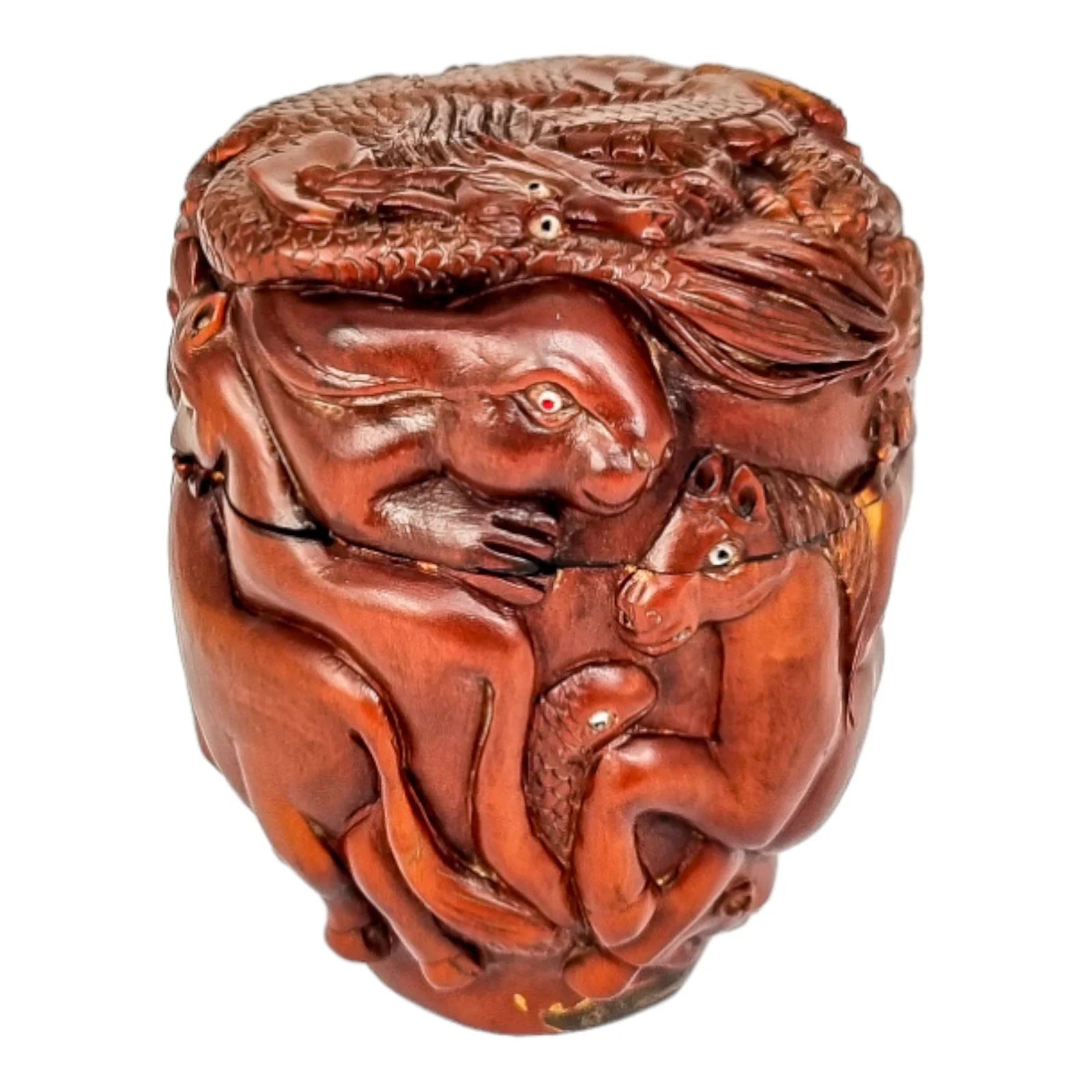 Meiji Japanese boxwood natsume box carved with 12 zodiac animals, signed