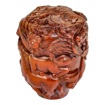 Meiji Japanese boxwood natsume box carved with 12 zodiac animals, signed