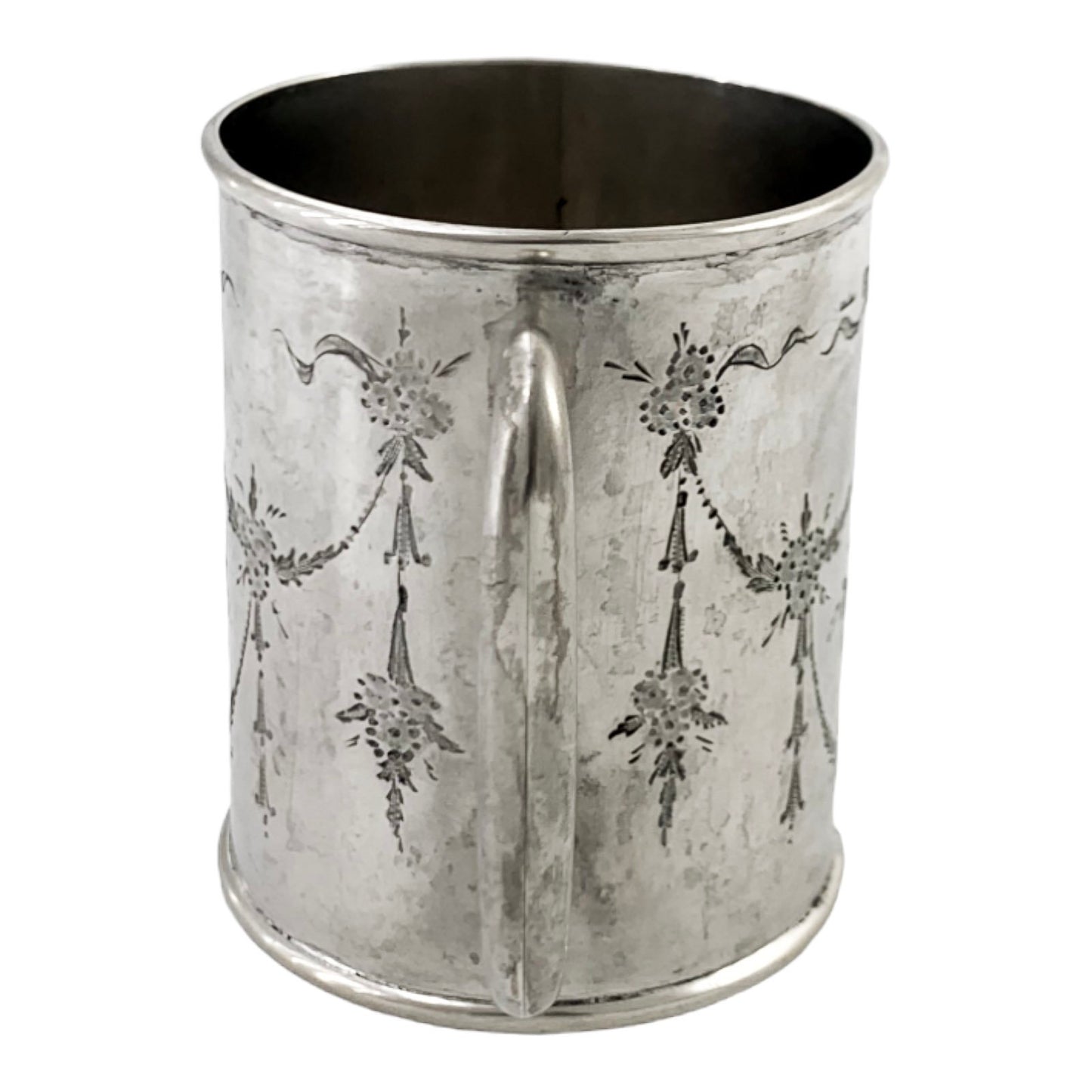 1920's sterling silver Christening children’s cup / mug engraved with flowers, garlands, bows in Art Nouveau style
