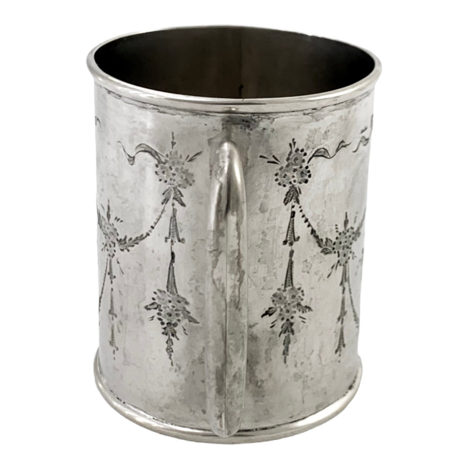 1920's sterling silver Christening children’s cup / mug engraved with flowers, garlands, bows in Art Nouveau style