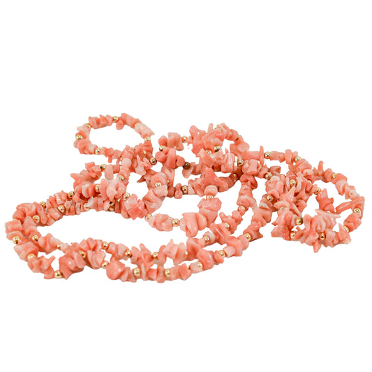 Vintage salmon pink coral chip single-strand princess necklace with gold beads