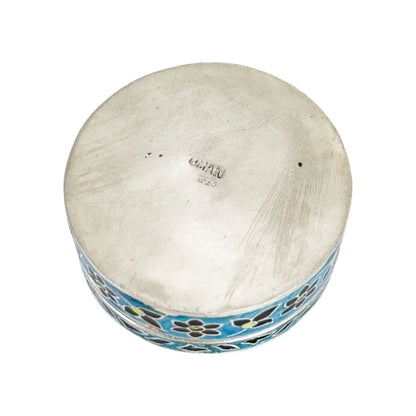 Vintage Omani sterling silver blue enamel Sindoor box with dallah coffeepot to lid