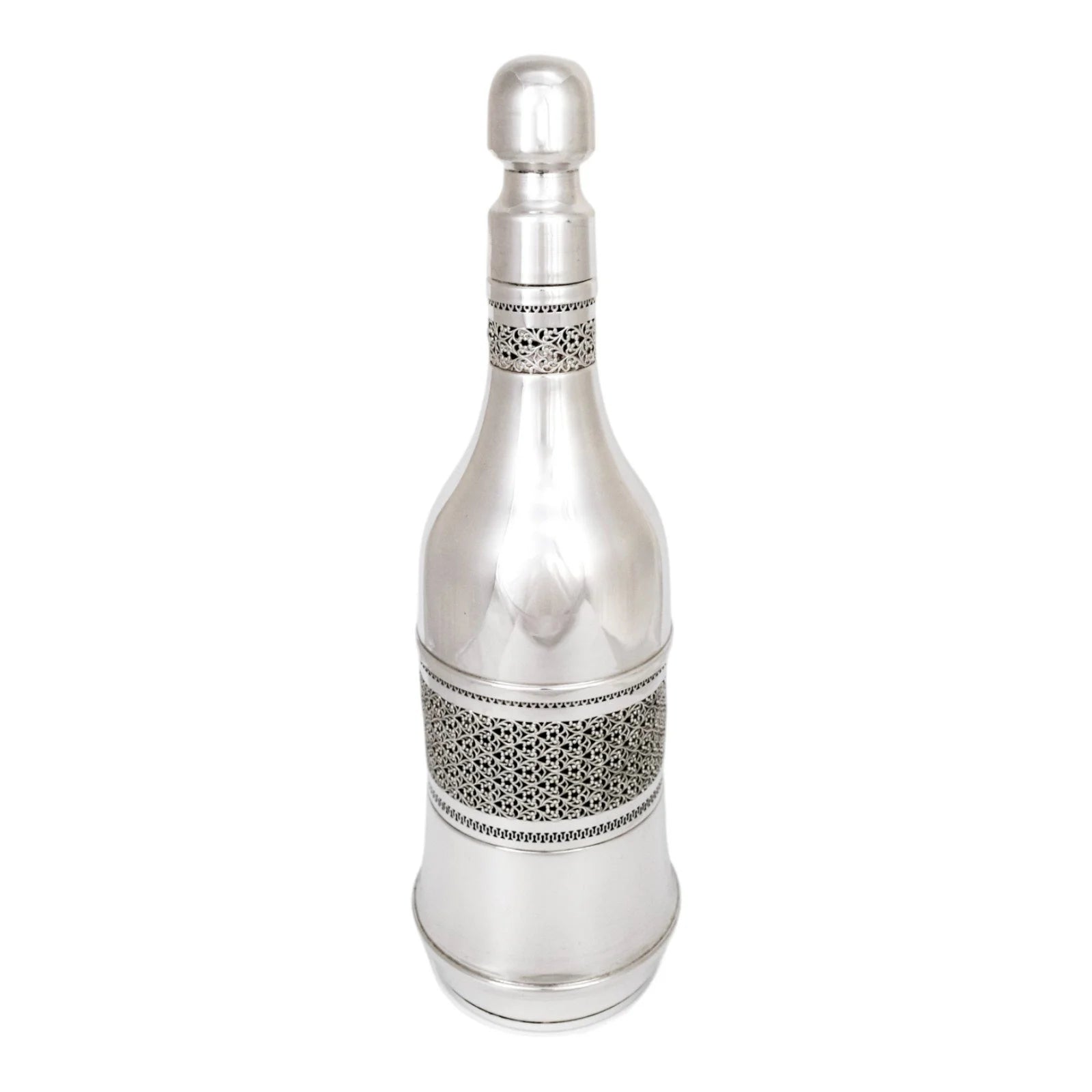 Vintage silver plated bottle sleeve with Arabesque scrolling lattice design, A. Segal