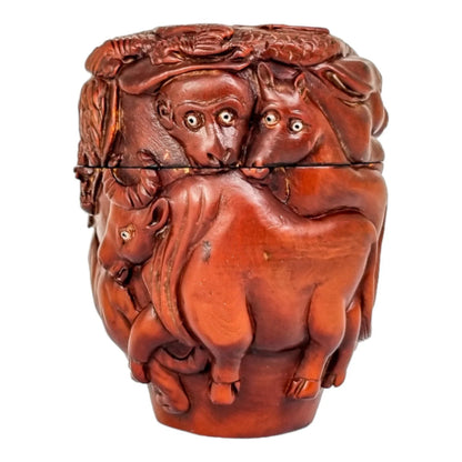 Meiji Japanese boxwood natsume box carved with 12 zodiac animals, signed