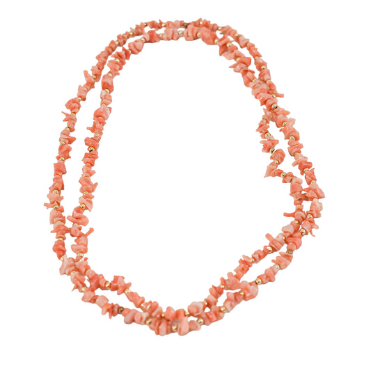 Vintage salmon pink coral chip single-strand princess necklace with gold beads