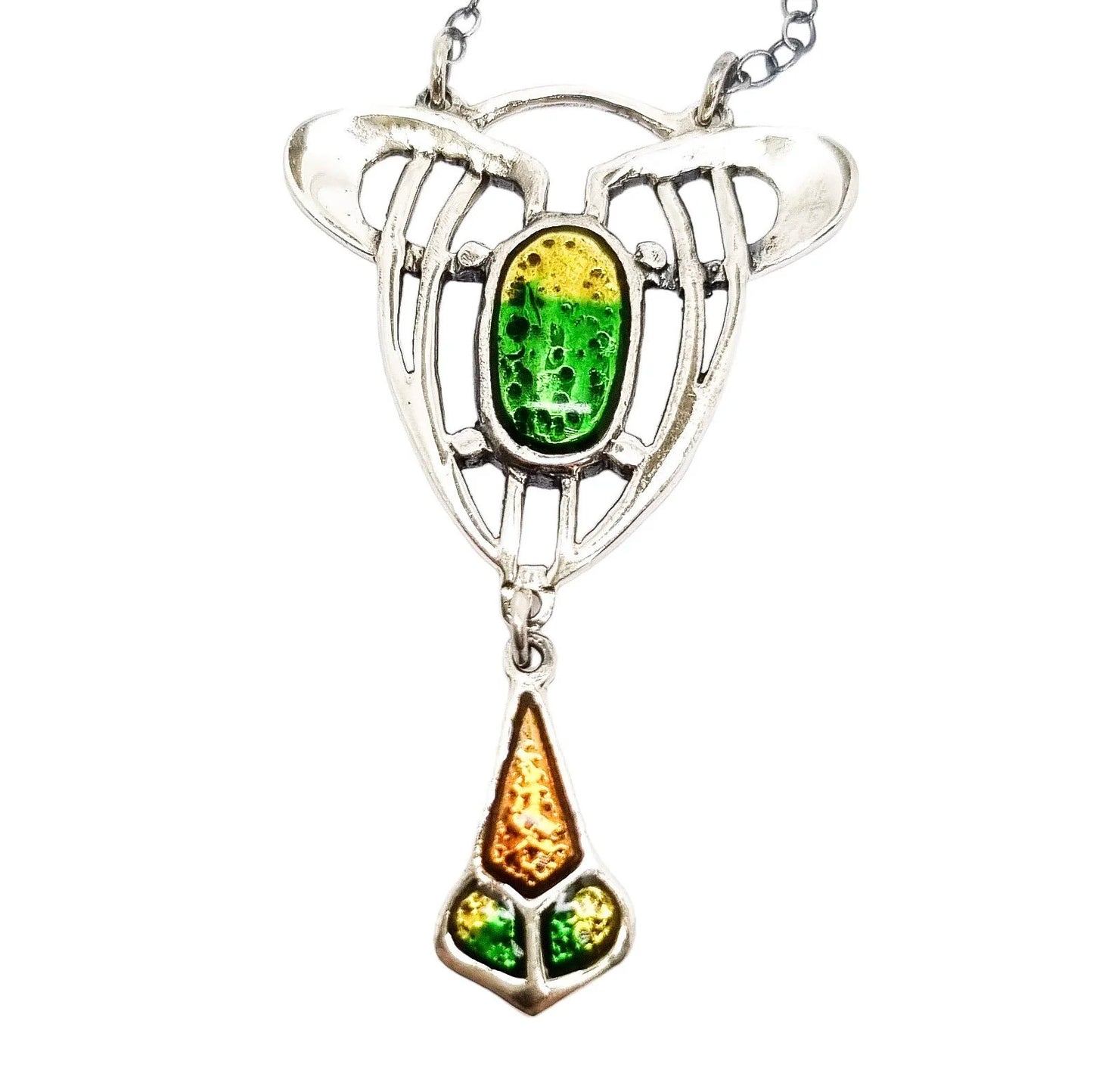 Art Nouveau sterling silver green and yellow enamel lavaliere openwork pendant
