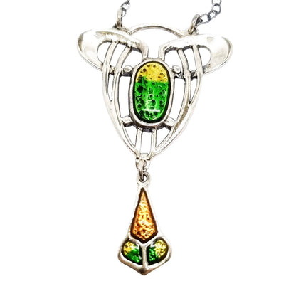 Art Nouveau sterling silver green and yellow enamel lavaliere openwork pendant