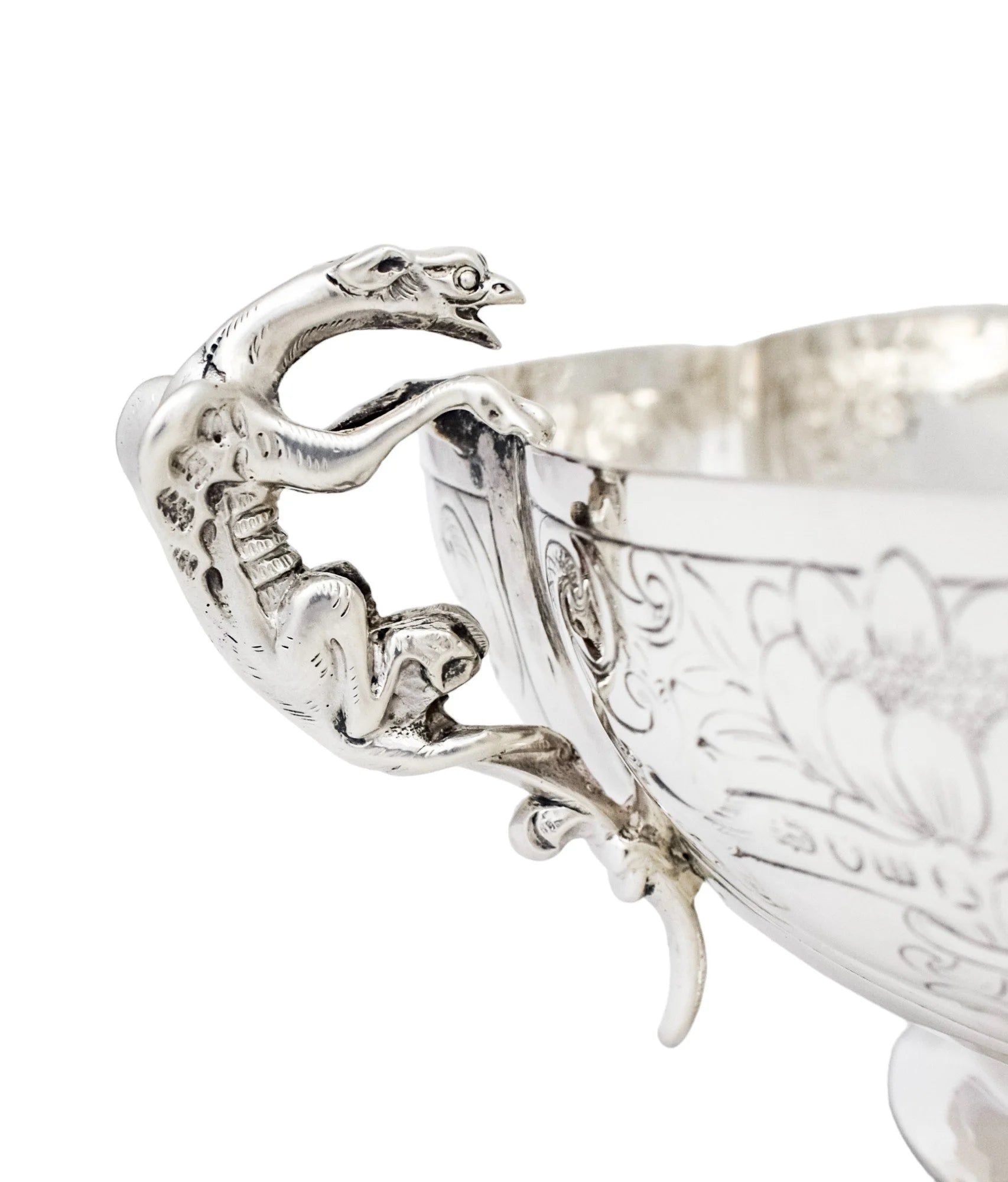 Georgian sterling silver lobed embossed fruit bowl with flying dog handles