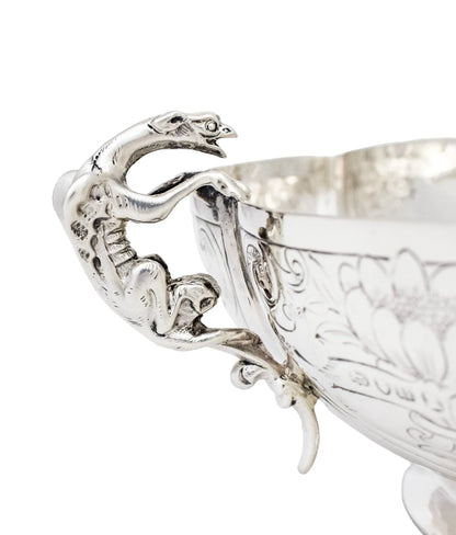 Georgian sterling silver lobed embossed fruit bowl with flying dog handles