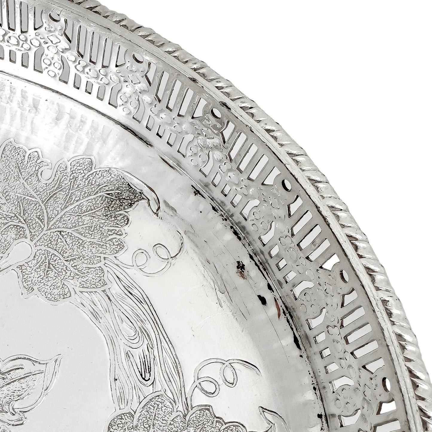 Oval silver plated gallery serving tray engraved with fruiting grapevines