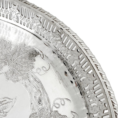 Oval silver plated gallery serving tray engraved with fruiting grapevines