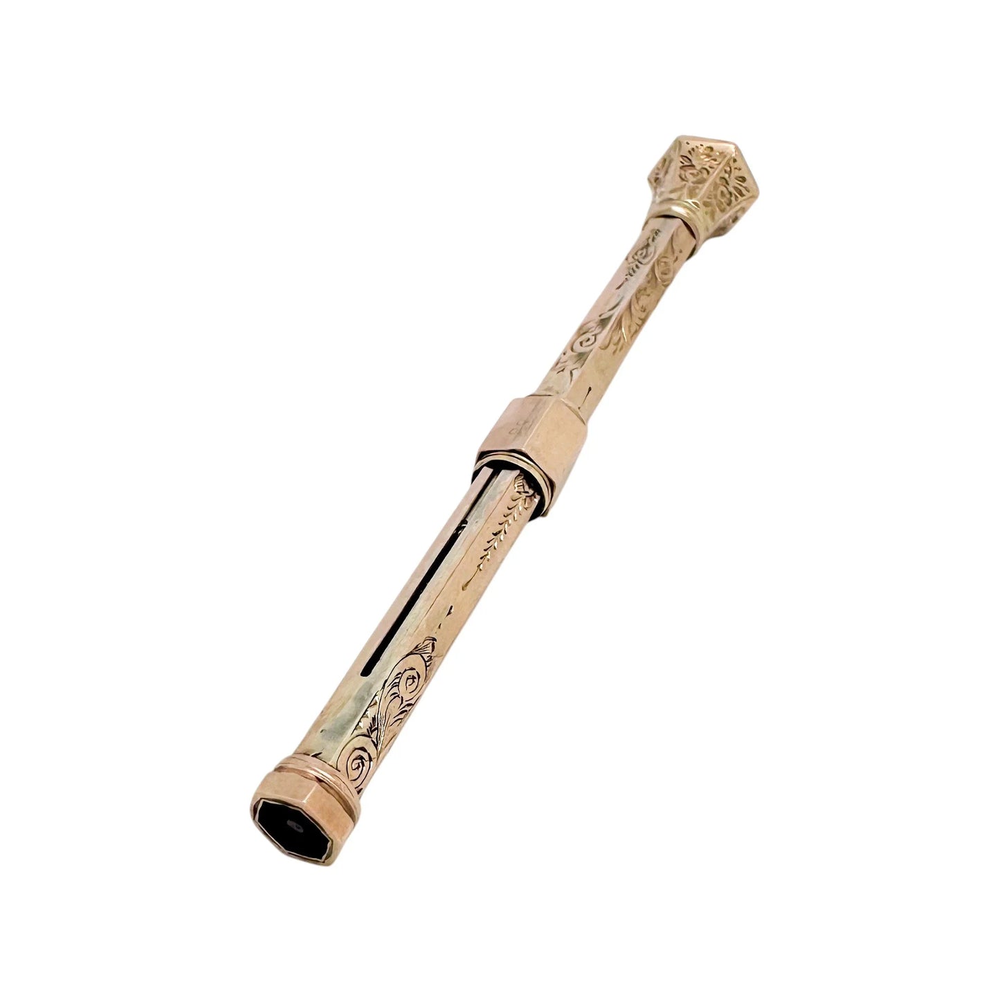 Victorian 9ct rose gold agate seal top hexagonal propelling pencil, engraved with flowers