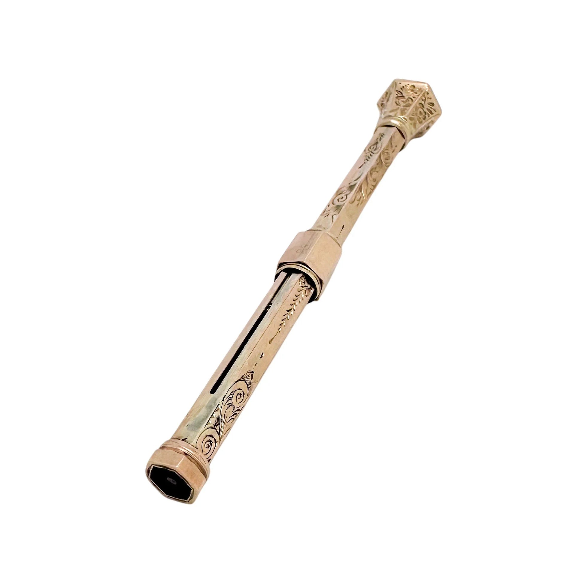 Victorian 9ct rose gold agate seal top hexagonal propelling pencil, engraved with flowers