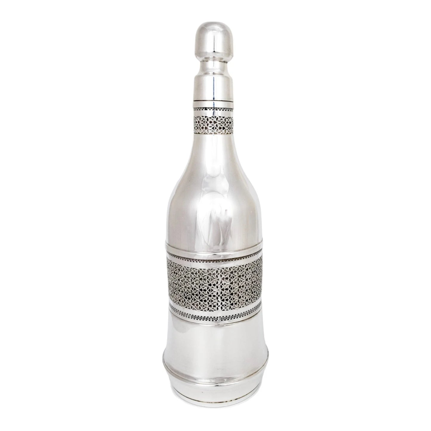 Vintage silver plated bottle sleeve with Arabesque scrolling lattice design, A. Segal