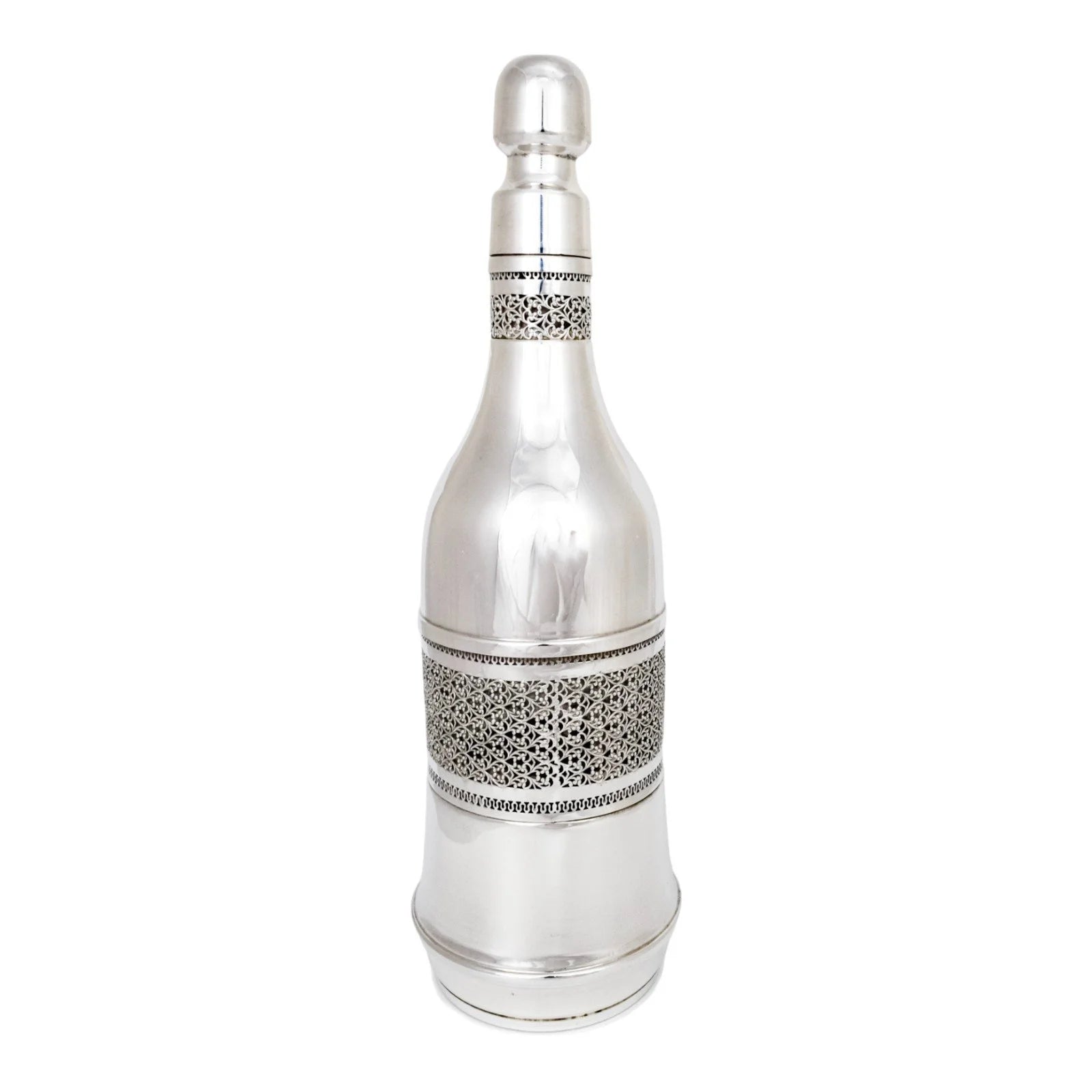 Vintage silver plated bottle sleeve with Arabesque scrolling lattice design, A. Segal