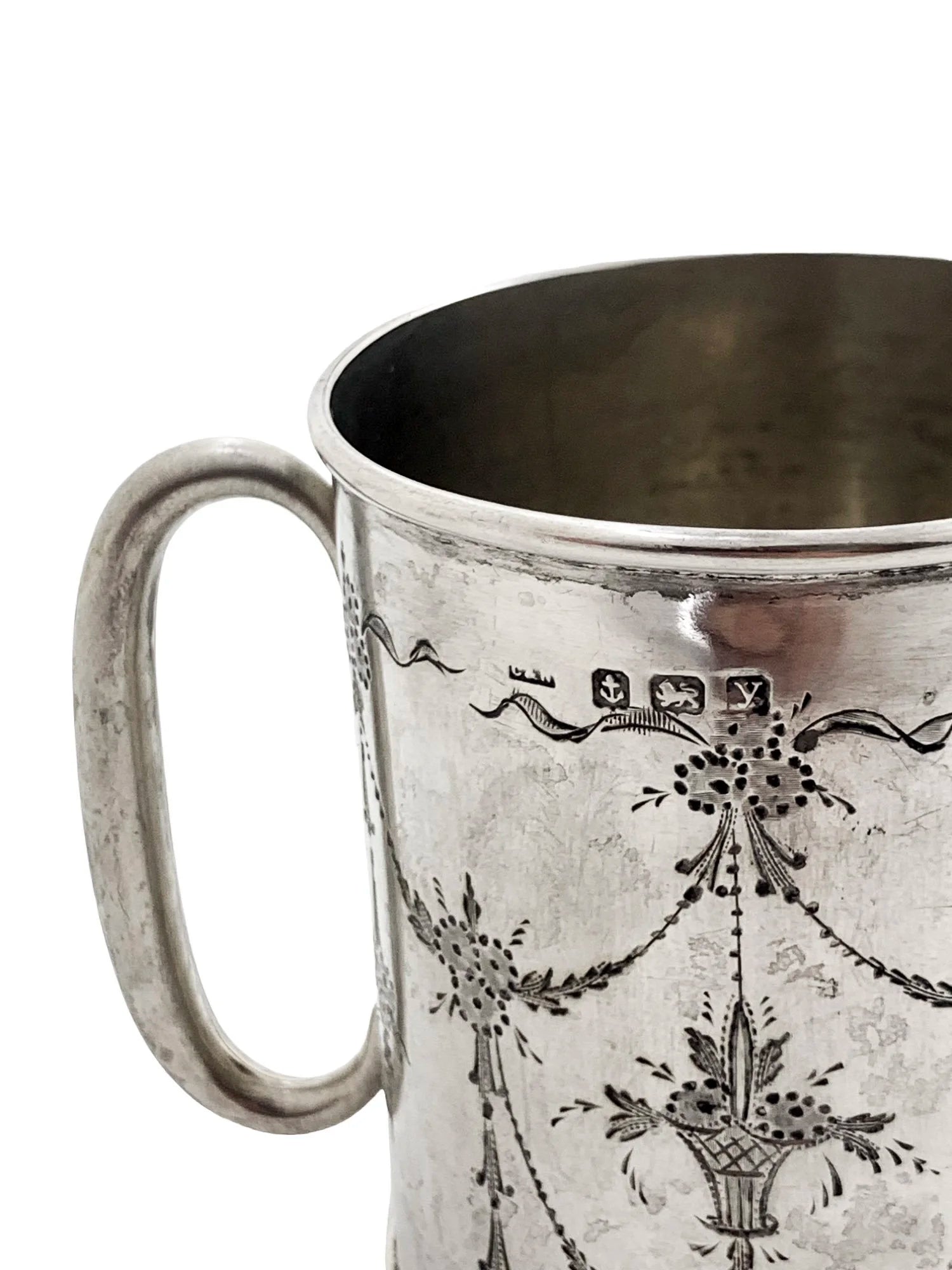 1920's sterling silver Christening children’s cup / mug engraved with flowers, garlands, bows in Art Nouveau style