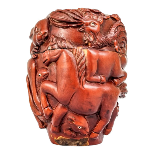 Meiji Japanese boxwood natsume box carved with 12 zodiac animals, signed