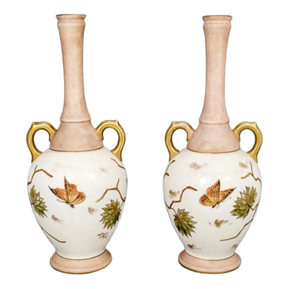 1880's Franz Anton Mehlem for Royal Bonn blush Aesthetic pair of vases