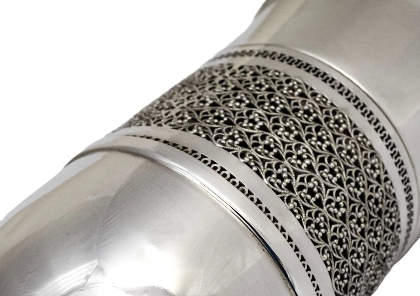 Vintage silver plated bottle sleeve with Arabesque scrolling lattice design, A. Segal