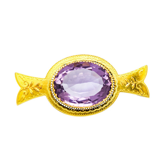 Victorian Etruscan 18ct gold brooch with 28ct amethyst, 1892