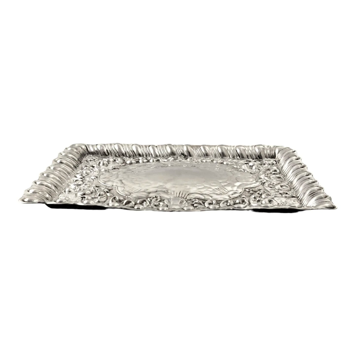 Art Nouveau sterling silver dressing table tray with embossed flowers, scrolls and leaves